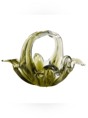 Vintage 1960s Chalet Mini Green Floral Basket Art Glass Vase - Canadian Hand Blo